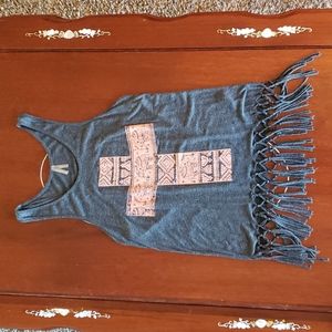 Small Boho-Style Grey Vanity Tanktop with Cross Graphic and Fringe on Bottom